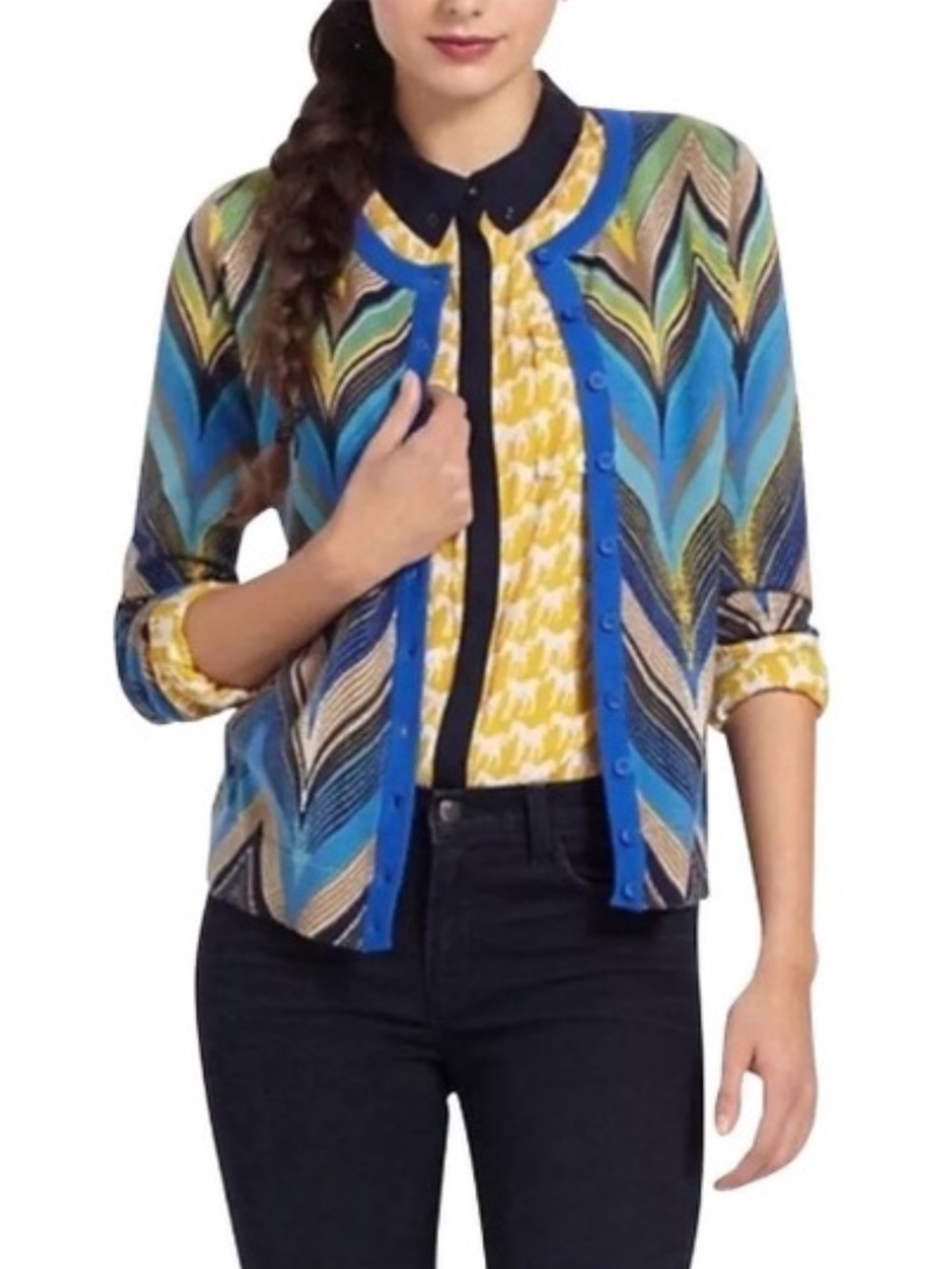 Anthropologie Chevron Cardigan in Blue, Yellow & Black Peacock